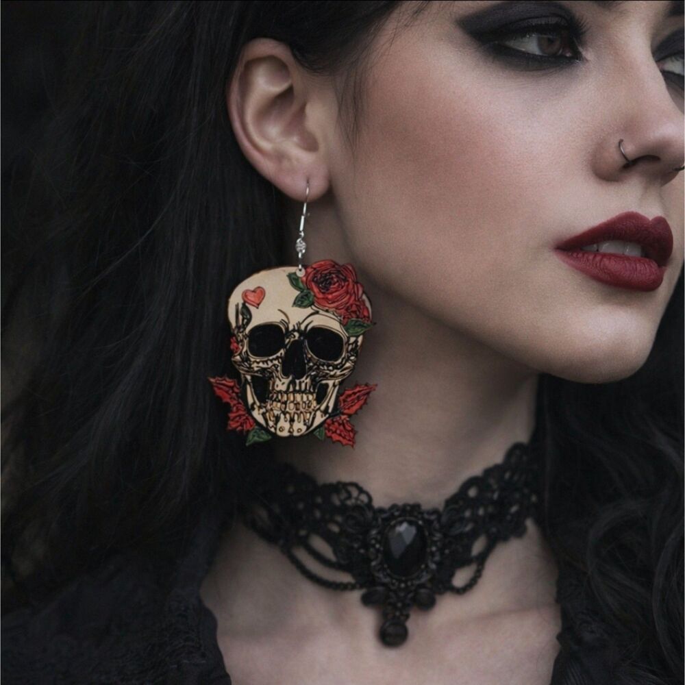 Large Skull Earrings with Roses & Heart – Laser Cut Statement Jewelry
